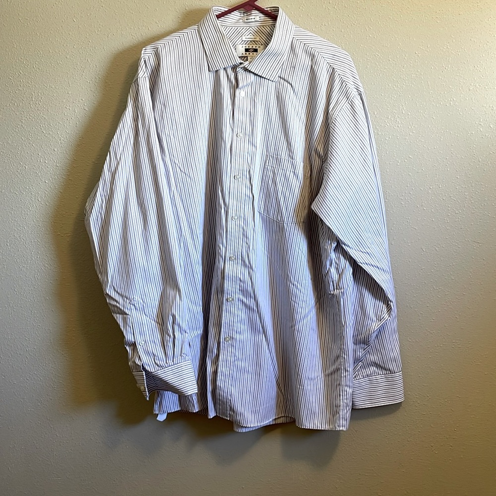 Men’s dress shirt, maroon and tan stripe on white